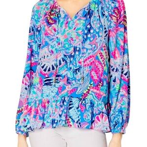Lilly Pulitzer Vibrant Floral Blouse - Blue and Pink Teigan Blouse Medium